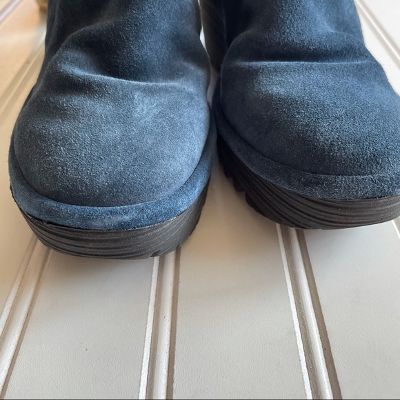 FLY LONDON Navy Suede Yama Tie Wedge Ankle Boots - Picture 3 of 7